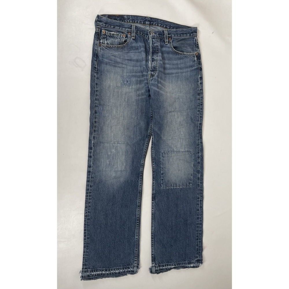 Levis 501 Button Fly Patch Knee Distressed Jeans Mens Size 34x32 Blue